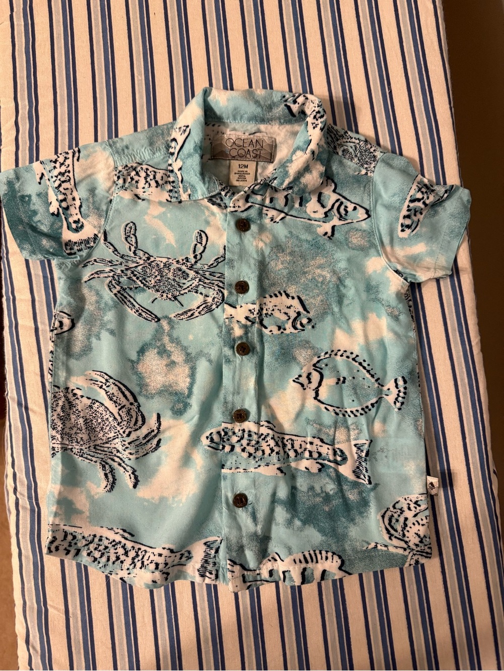 Toddler Ocean Coast Blue Fish & Crab Button-Up Shirt, 12 month